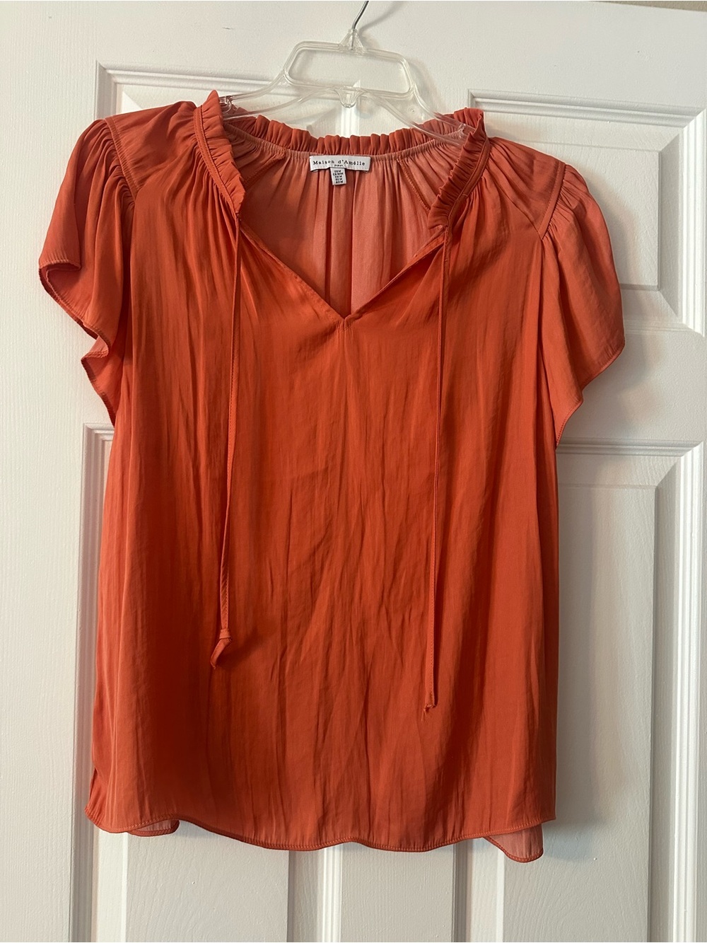 Women's Tie-Neck Short Sleeve Blouse in Rust Orange